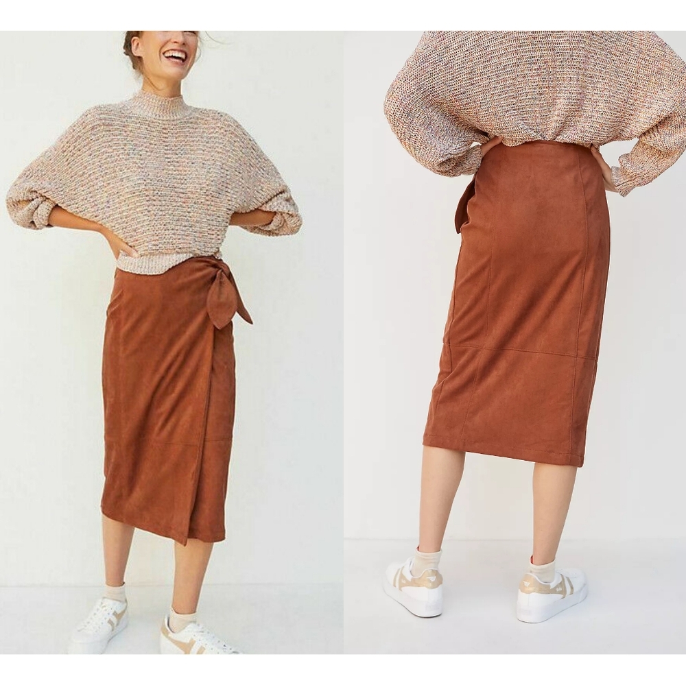 Anthropologie Lauren Brown Sueded Wrap Midi Skirt Size L